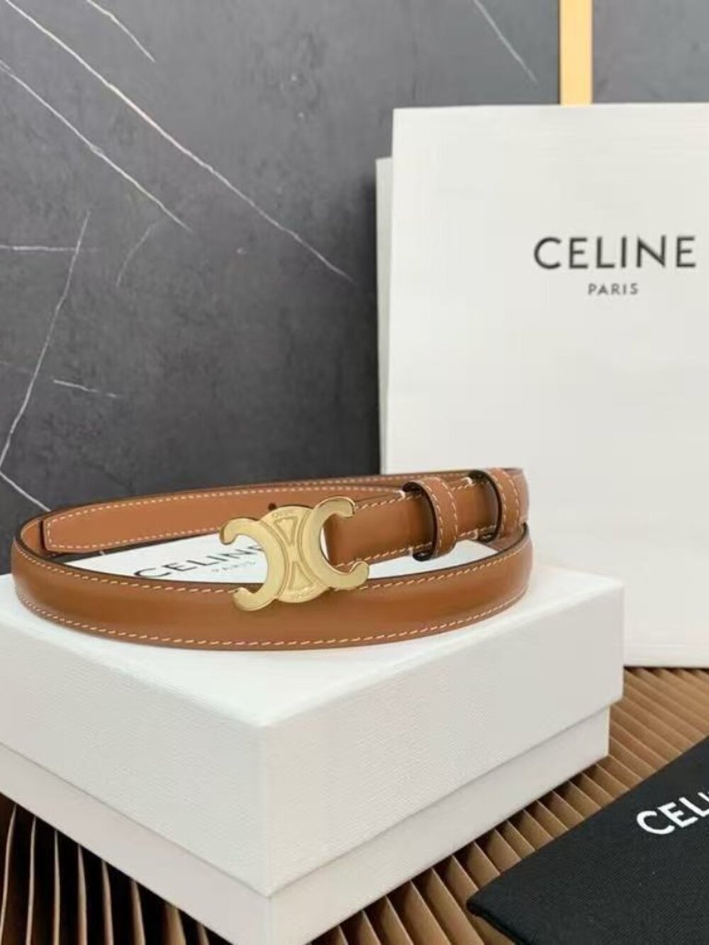 Celine Tan Brown Thin Leather Belt SZ 85